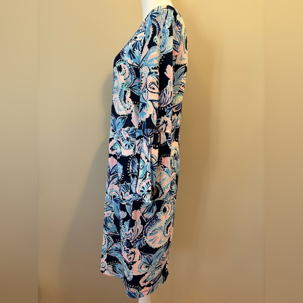 Lilly Pulitzer 3/4 Bell Sleeve Dress Womens Medium Navy/Pink/Turquiose NWOT - Picture 3 of 12